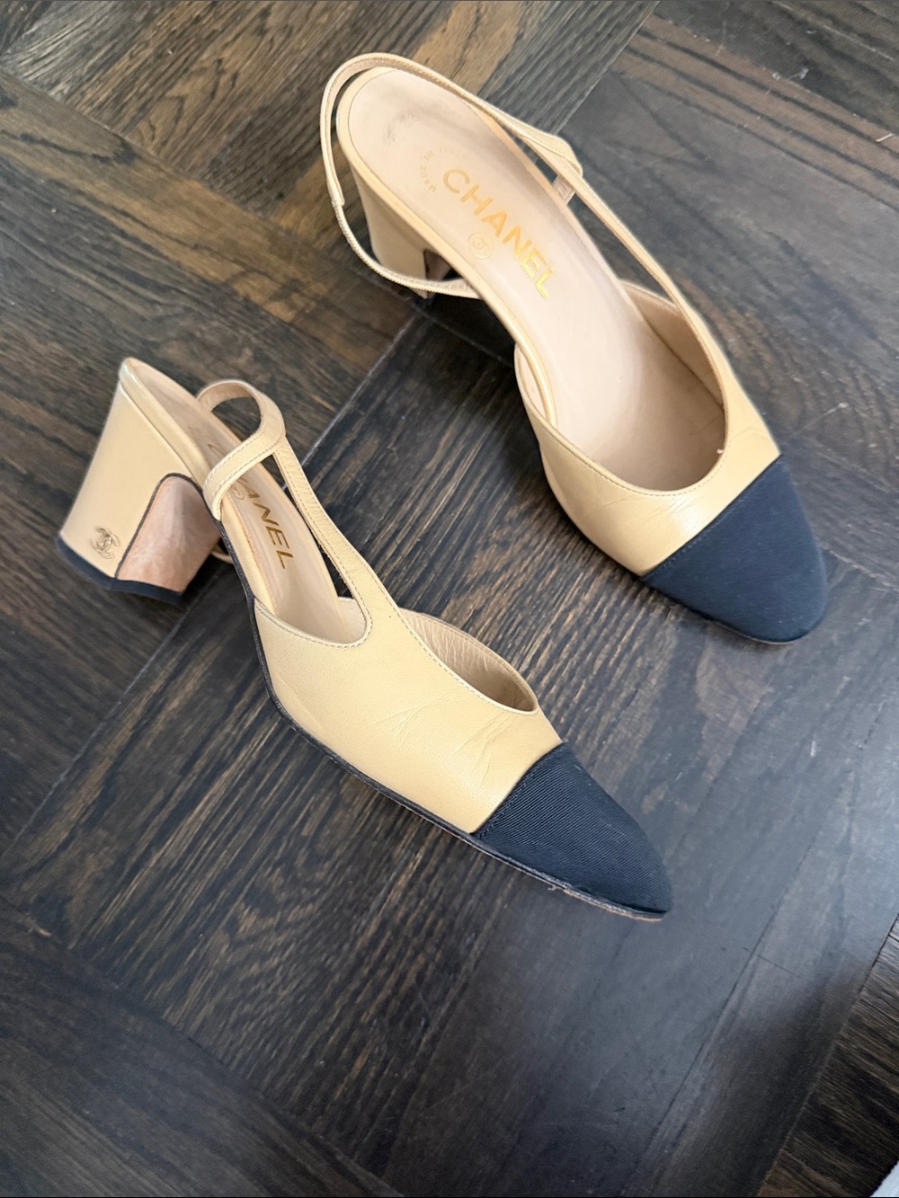 AUTHENTIC USED CHANEL Beige Leather with Black Slingback Mid Heels - Size 38